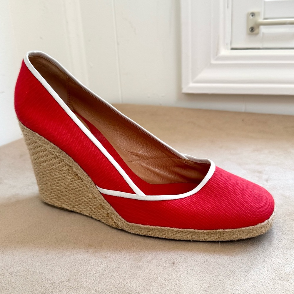 Sergio Rossi Wedge Espadrille Canvas Shoes Red White 38 8